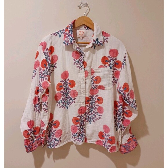 VICTORIA DUNN Millie Blouse In Melon Floral Long Sleeve Cotton Gauze Size XL - Picture 1 of 8